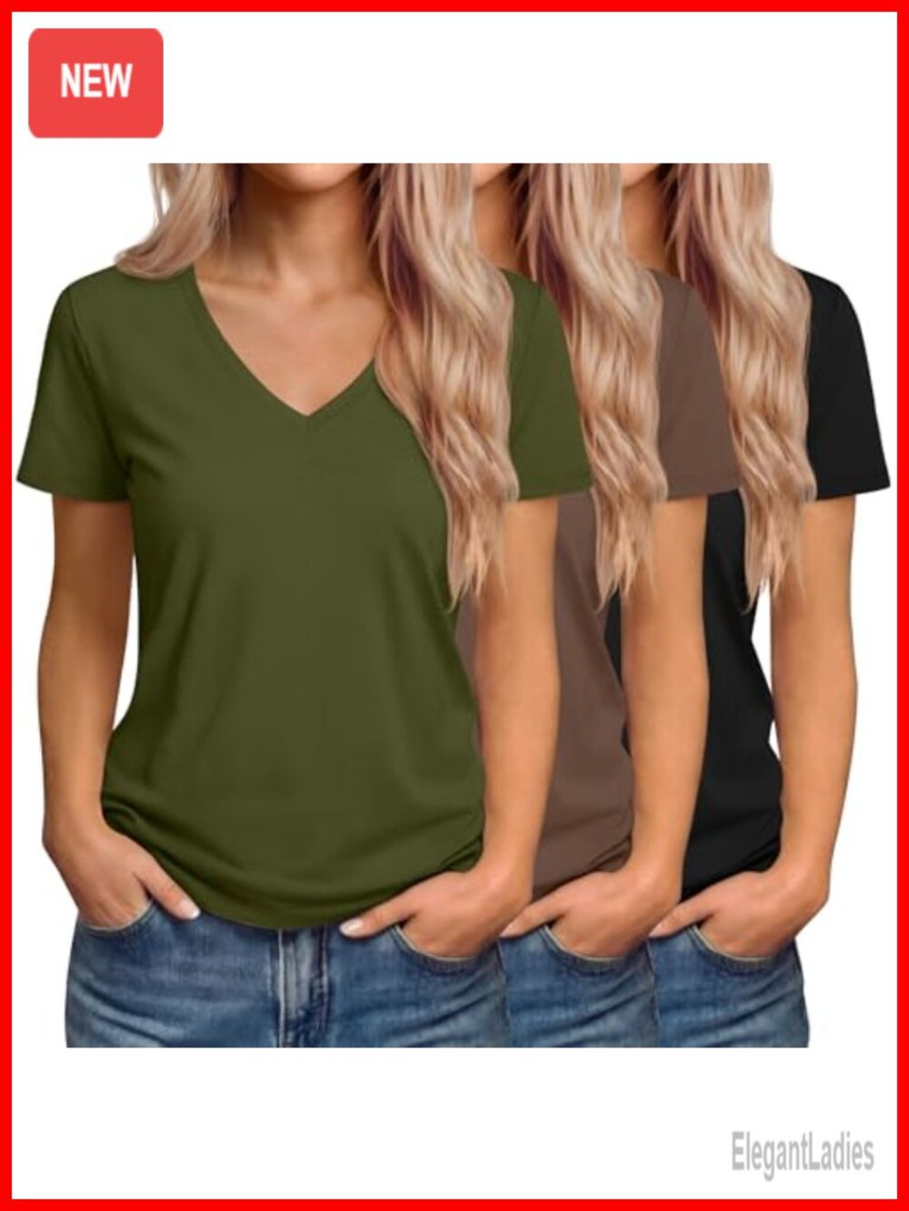 Womens V Neck Loose Fit T-Shirts Short Sleeve Tops 3 Pack
